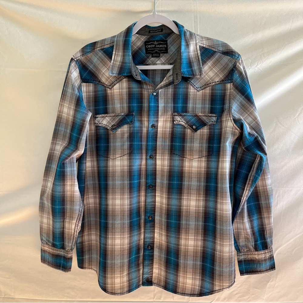 CODY JAMES Western Wear Blue Plaid Pearl Snap Long Sleeve Shirt Size Medium